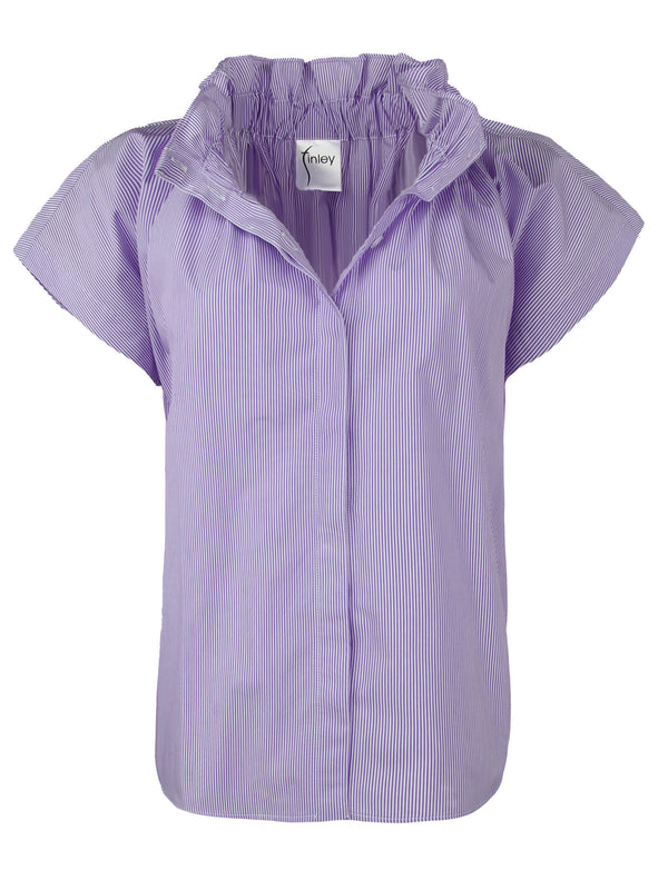 A front view of the Finley Jenny blouse, a short sleeve purple striped cotton blouse with ruffle collar detail and a relaxed shape.