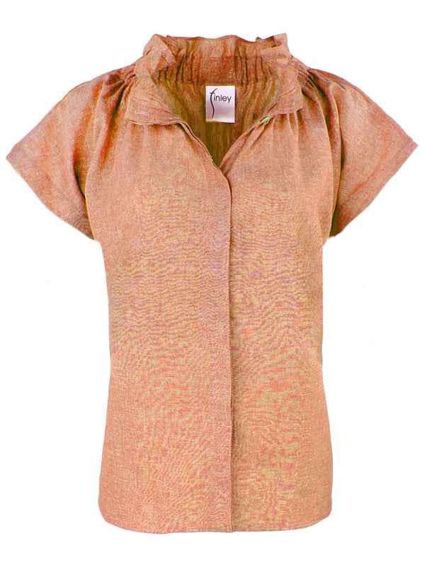 A front view of the Finley Jenny top, a orange hemp ruched popover blouse with a ruffle v-neck and a relaxed contour.