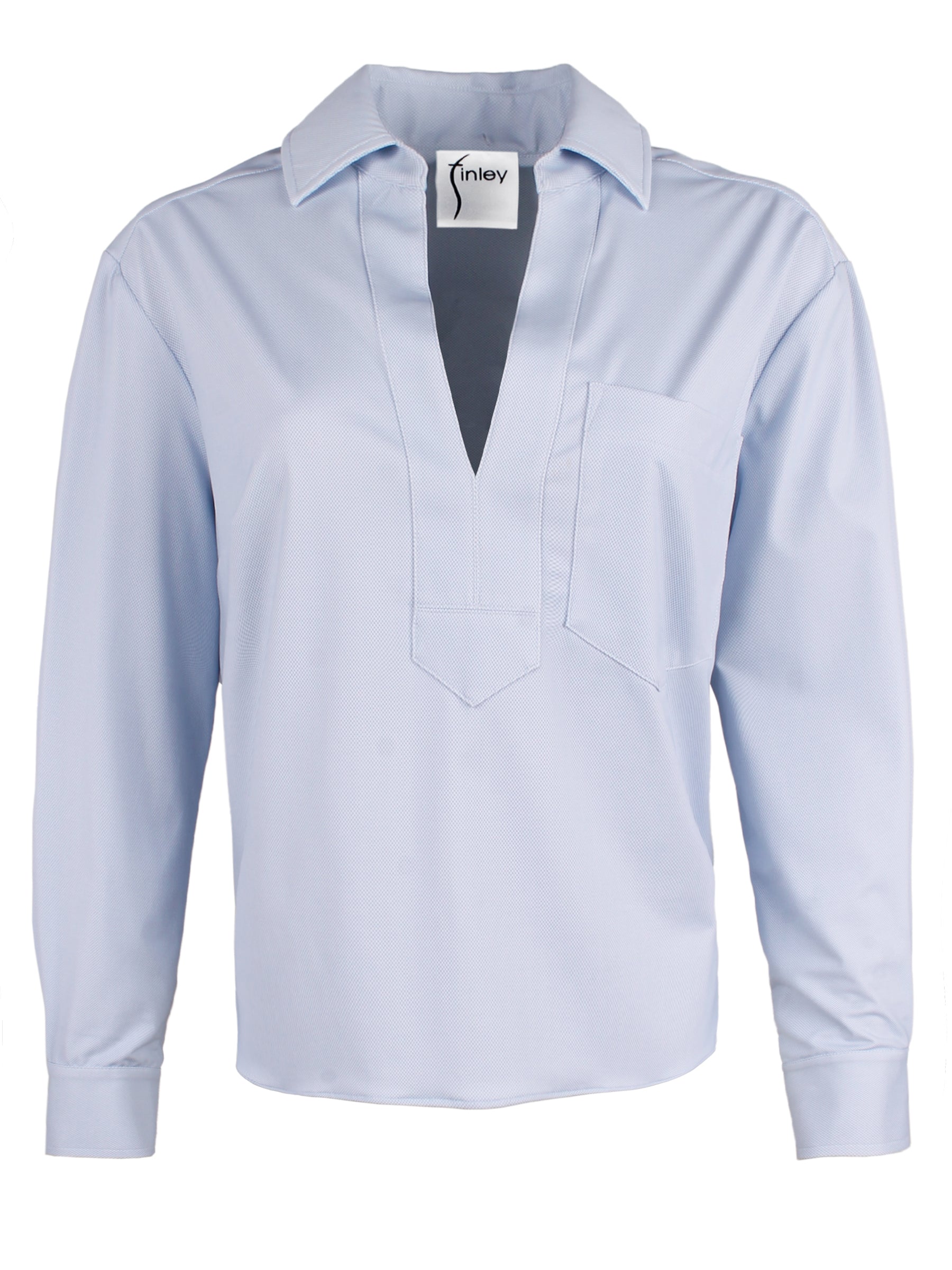 A front view of the Joni shirt, featuring a stretch knit fabric, V-neck with spread collar, and a chest pocket in sky blue.
