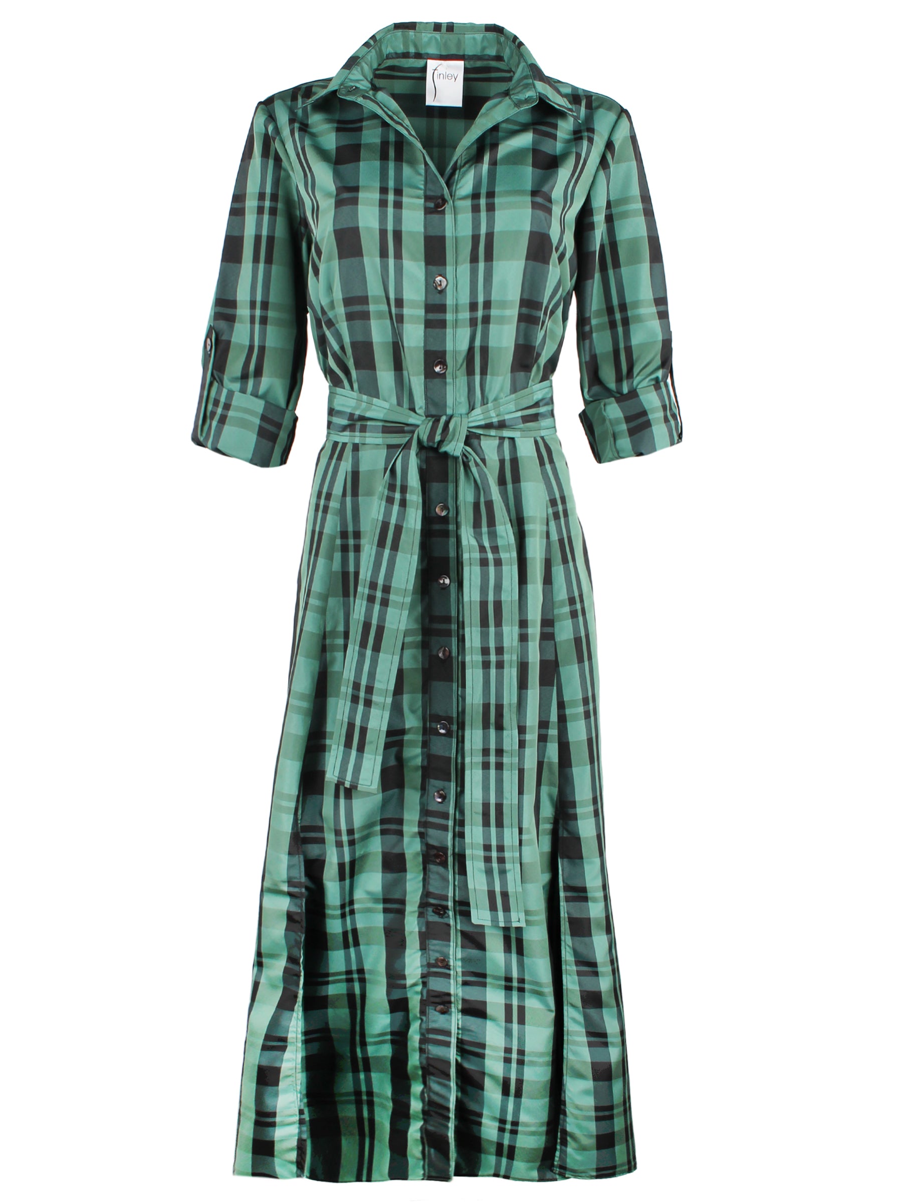 The front view of the Laine tie-front maxi dress in emerald green plaid polyester with an A-line silhouette.
