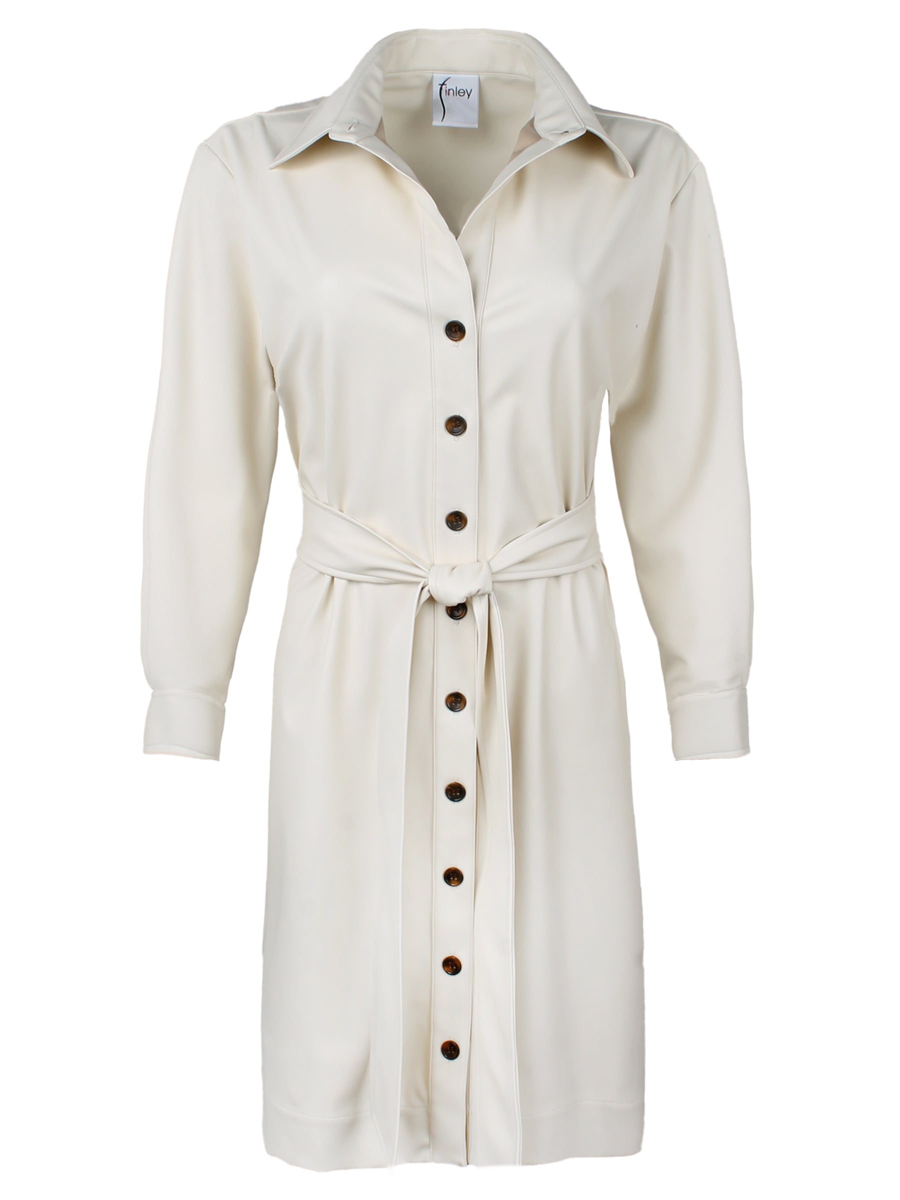 A front view of the Liam shirt dress, made from vegan leather in ivory, featuring a tie-front, semi-fitted cut, and a v-neckline.
