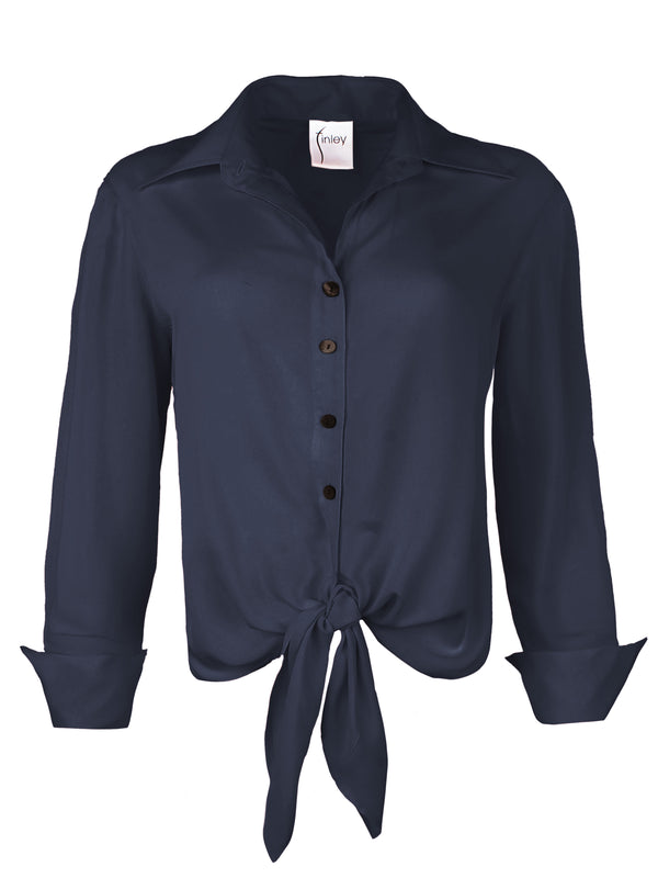 A front view of the Finley Lindy blouse, a navy blue viscose voile tie-front top with a faux French cuff and a relaxed shape.