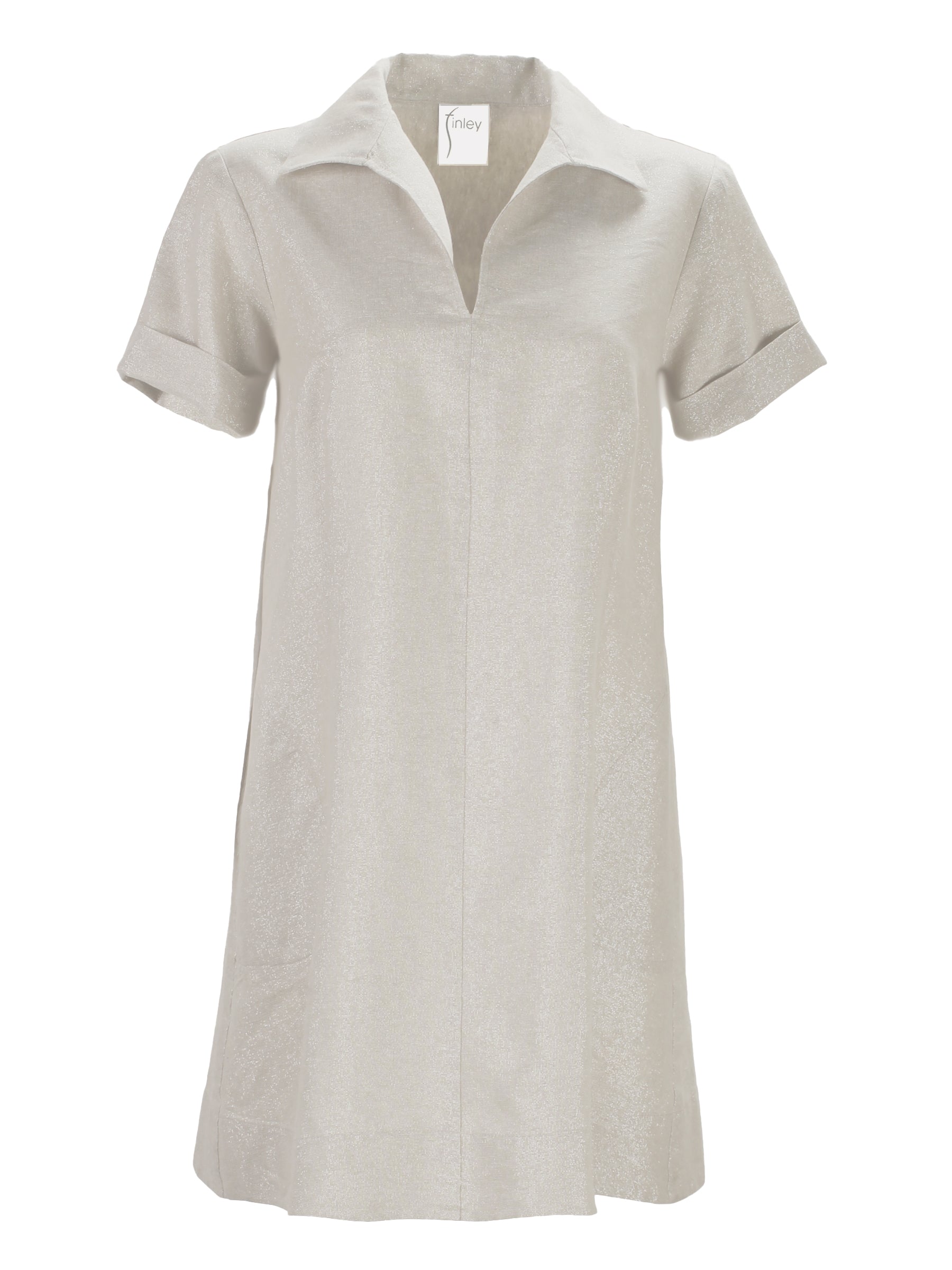 A front view of Finley Marcia dress, a natural gray washed linen short-sleeve v-neck shirt dress.