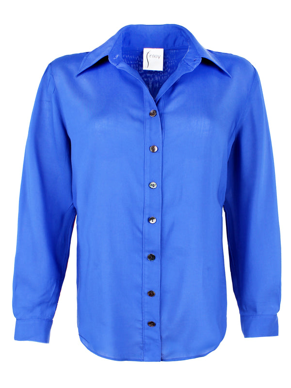 A front view of the Finley Mini Monica top, a viscose voile royal blue blouse with a relaxed shape and long sleeves.