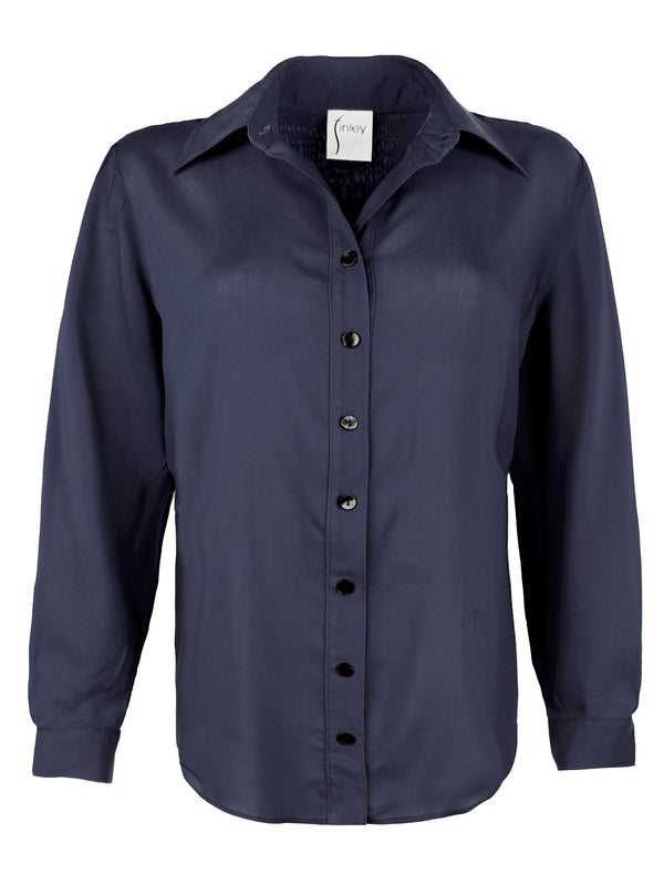 A front view of the Finley Mini Monica top, a viscose voile navy blue blouse with a relaxed shape and long sleeves.