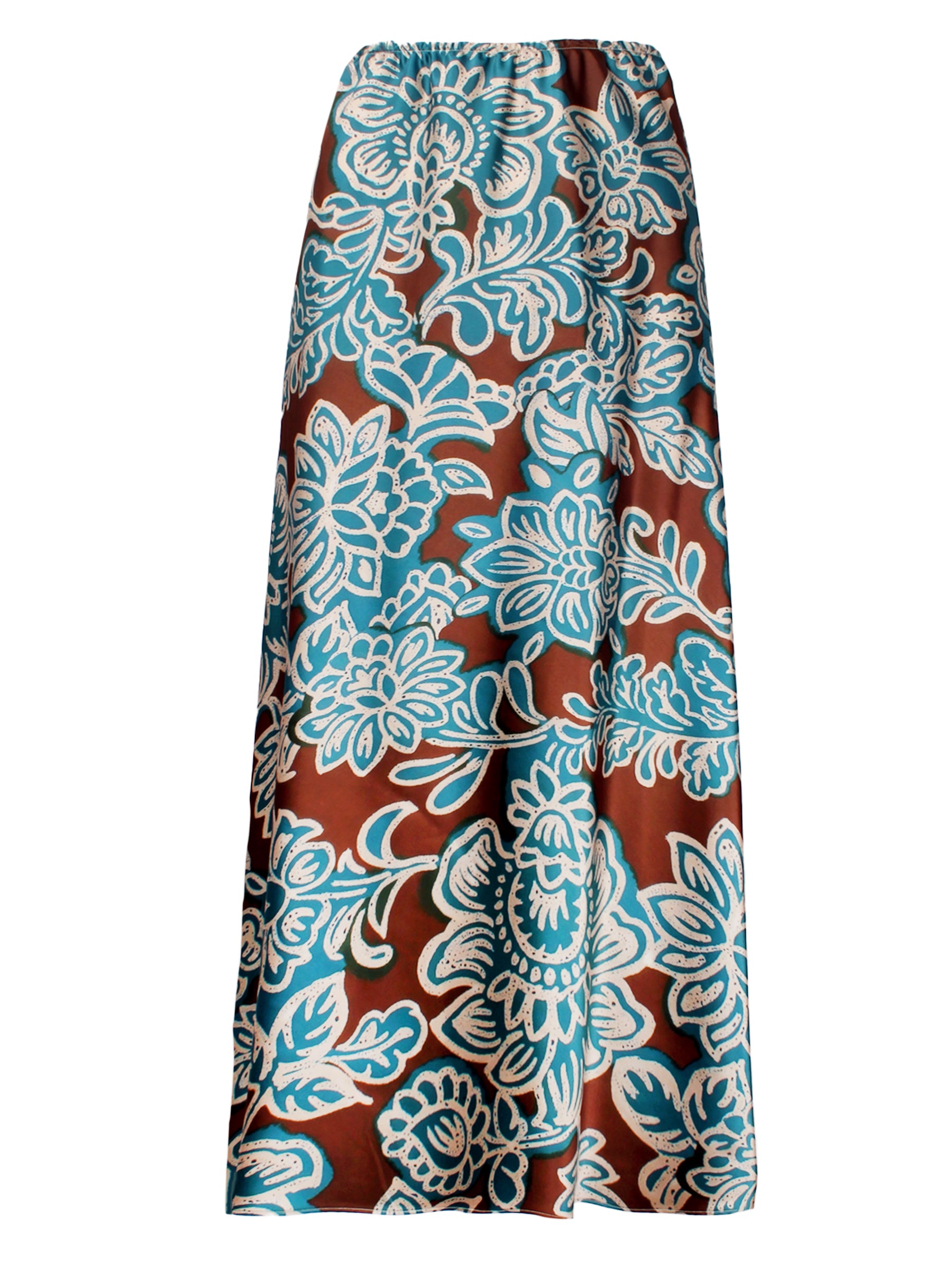 A front view of the pull-on slim skirt featuring an elastic waist, turquoise and brown floral print, straight silhouette, and unlined design.
