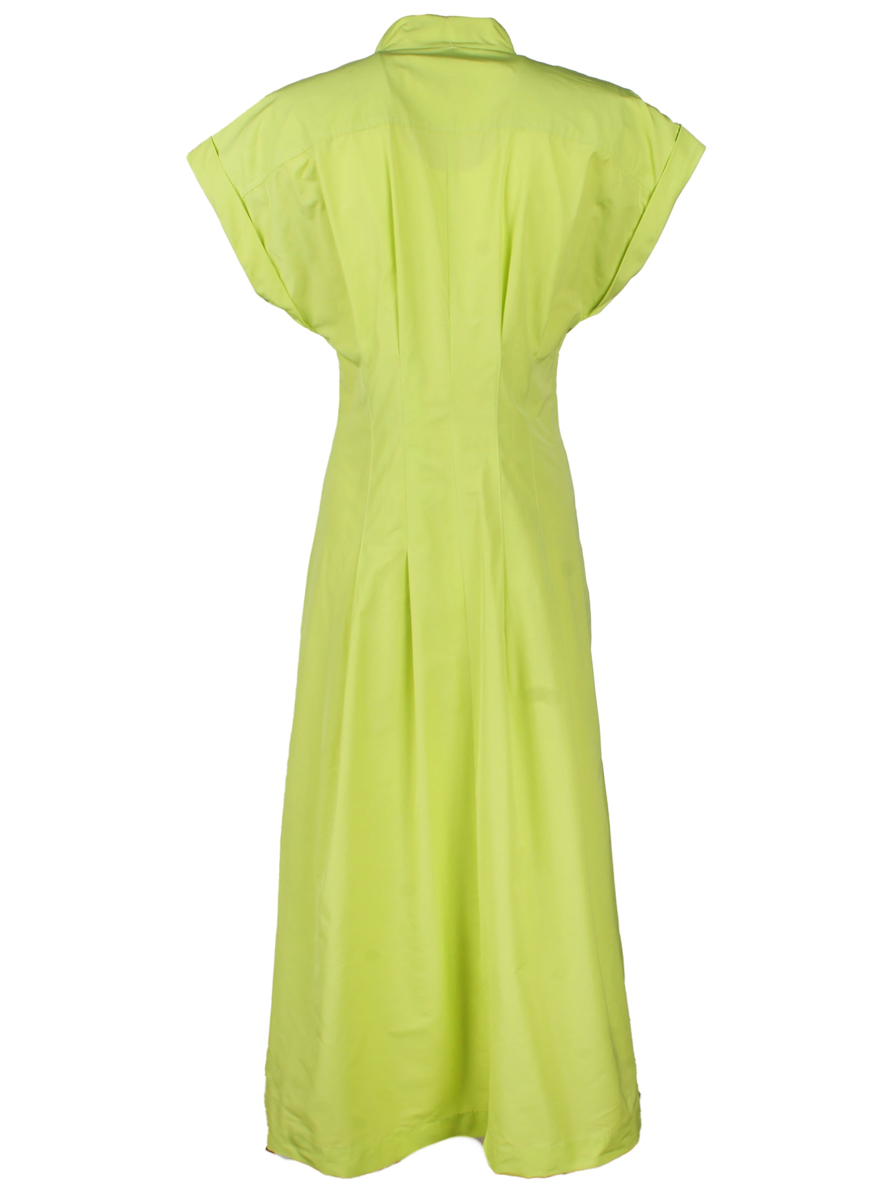 The back view of the Rocky tie-front maxi dress in taffeta with short cap sleeves, A-line silhouette, and fit-and-flare design.
