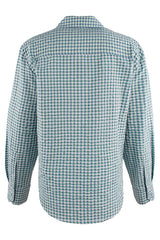 A rear view of the Finley Andie blouse, a cropped point collar blouse in blue & green seersucker check