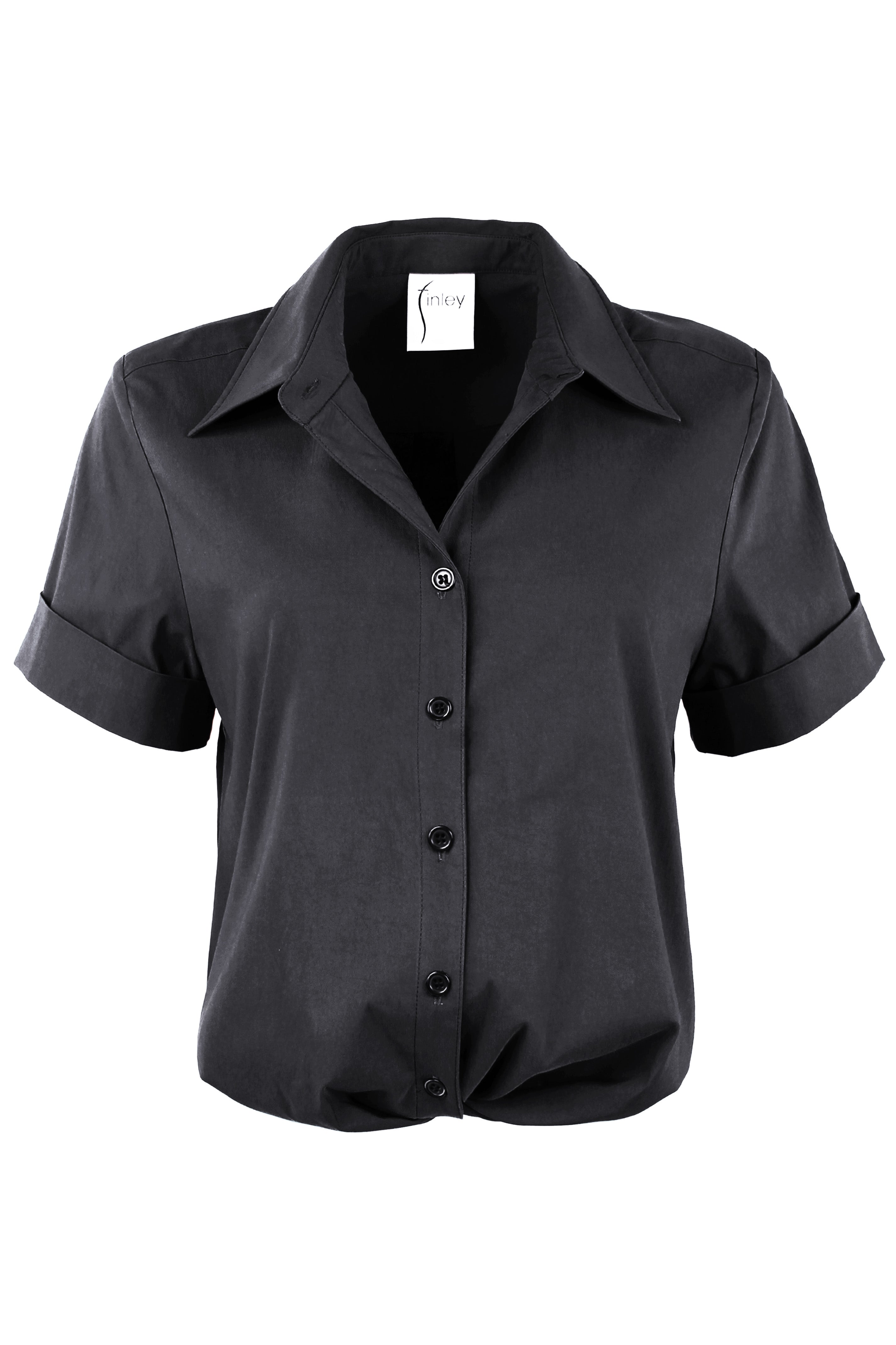 A front view of the Alli blouse in black, with a relaxed fit and an elasticized twist-front hem.
