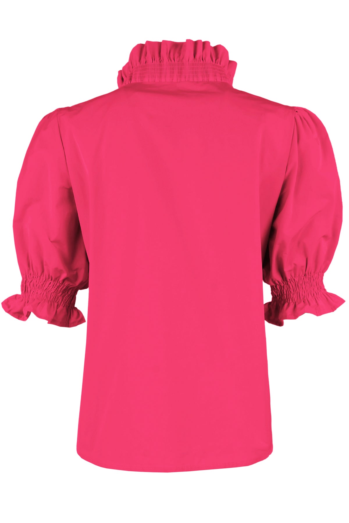 a back view of the Finley Cici blouse in fuchsia taffeta with a v-neckline, relaxed contour, and elbow puff sleeves.
