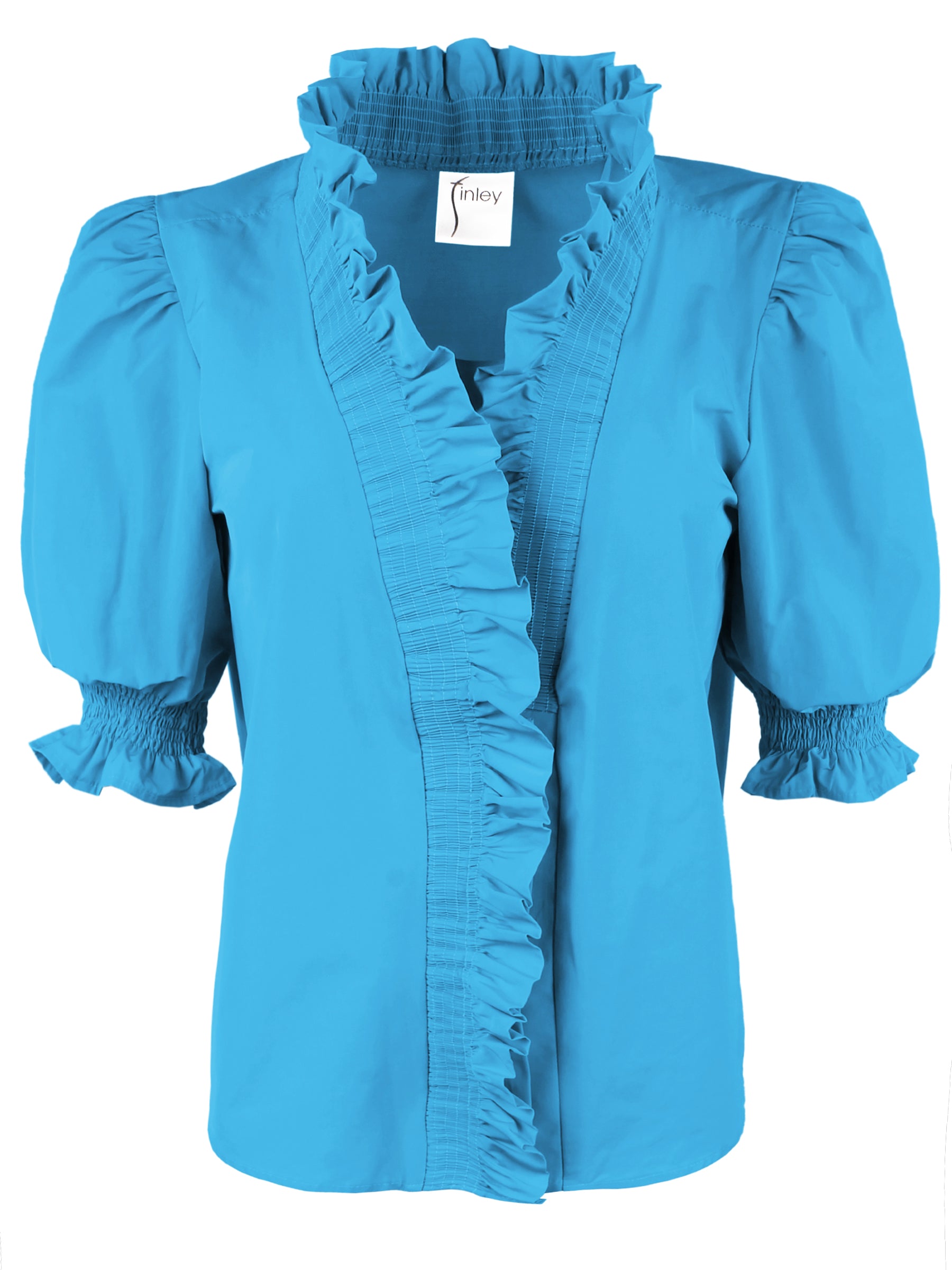 a front view of the Finley Cici blouse in turquoise taffeta with a v-neckline, relaxed contour, and elbow puff sleeves.
