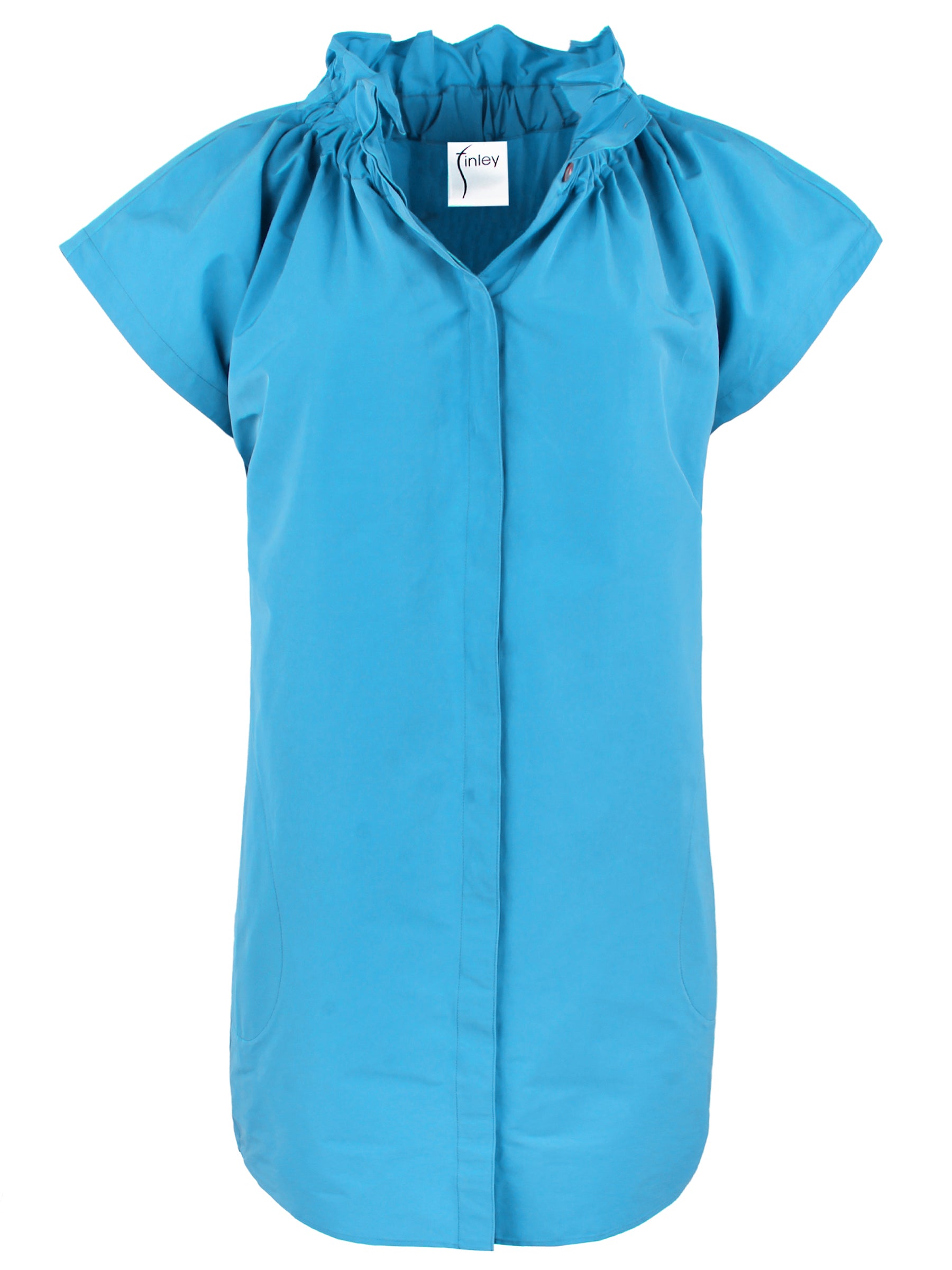 a front view of the Finley Jenny shirt dress with a knee-length hem, turquoise taffeta fabric, pockets, cap sleeves, and ruched ruffle detail.
