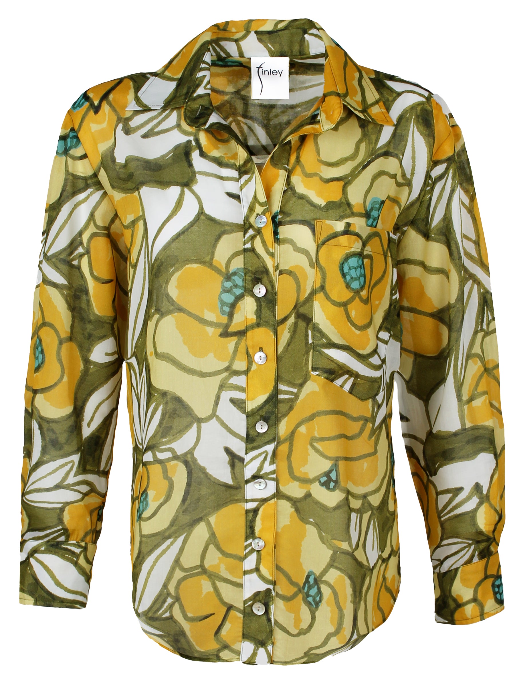 The Finley Andie blouse, a long sleeve button up relaxed fit cotton voile blouse with a yellow and green floral watercolor print.